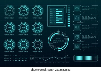 Futuristic Vector HUD Interface Screen Design. Digital callouts titles. HUD UI GUI futuristic user interface screen elements set. High tech screen for video game. Sci-fi concept design.