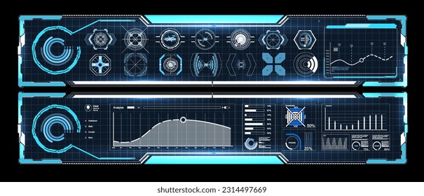 Futuristic Vector HUD Interface Screen Design. Digital callouts titles. HUD UI GUI futuristic user interface screen elements set. High tech screen for video game. Sci-fi concept design.