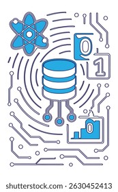A futuristic vector illustrating quantum computing concepts, featuring atoms, qubits, circuit patterns, and digital interfaces—symbolizing next-gen technology and data-driven innovation.