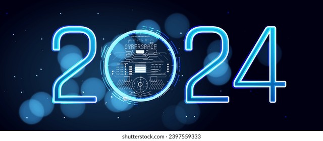 Futuristic vector illustration of 2024, featuring a cityscape within a blue circle and digital clock, surrounded by smaller circles in a blue and black color scheme.