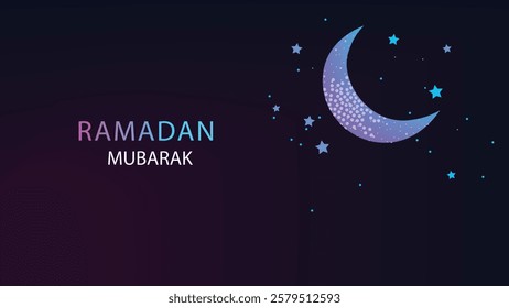 A futuristic vector illustration celebrating the holy month of Ramadan, featuring a glowing neon crescent moon surrounded by sparkling stars in a cosmic night sky. 