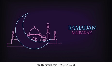 A futuristic vector illustration celebrating the holy month of Ramadan, featuring a neon-outlined crescent moon and mosque in glowing blue and pink hues. 