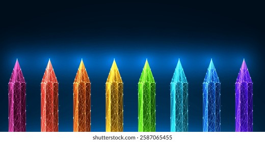 Futuristic vector illustration of colorful pencils in a glowing abstract wireframe style on a dark blue background, symbolizing creativity, art, and design.