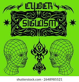 Futuristic vector illustration in cyber sigilism style. Neon green background with black tribal sigils, grid wireframe heads, stars, and digital gothic type. T-shirt print design.