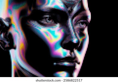 Futuristic vector illustration of a digital face composed of iridescent pixelated dots against a black background, creating a reflective and technological aesthetic with a modern touch.
