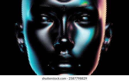 Futuristic vector illustration of a digital face with iridescent, pixelated textures on a black background. The design emphasizes modernity and a reflective, technological aesthetic.
