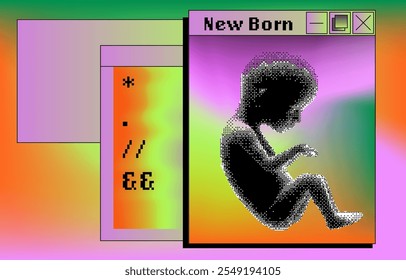 Futuristic vector illustration of a digital fetus, fragmented with glitch effects. Set against a gradient background of neon green, orange, and purple, it evokes themes of technology and life.