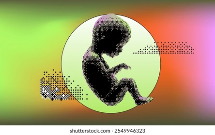 Futuristic vector illustration of a digital fetus, fragmented with glitch effects. Set against a gradient background of neon green, orange, and purple, it evokes themes of technology and life.