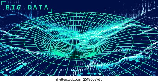 Futuristic vector illustration of a digital landscape, featuring a 3D grid forming a vortex. Cover for themes of technology and big data visualization.  