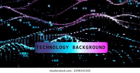 Futuristic vector illustration with digital pixel waves and a colorful gradient. The design conveys technological innovation and the flow of data in a modern, abstract background.