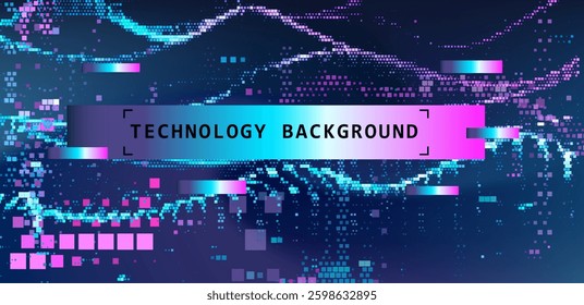 Futuristic vector illustration with digital pixel waves and a colorful gradient. The design conveys technological innovation and the flow of data in a modern, abstract background.