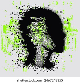 A futuristic vector illustration of a distorted human head. Conceptual image of AI (artificial intelligence), VR (virtual reality), Deep Learning systems.