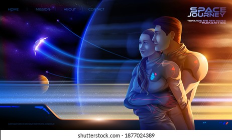 futuristic vector illustration of the embracing couple inside the colony spaceship on the long journey to the new world