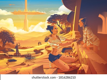 Futuristic vector illustration featuring the far future era of the family helping each other to build the earth house that has the flying futuristic city in the background.