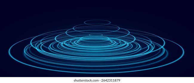 Futuristic vector illustration featuring glowing blue concentric rings on a dark background. Evoking energy waves with digital pulses in motion. Graphic element for modern digital interfaces.