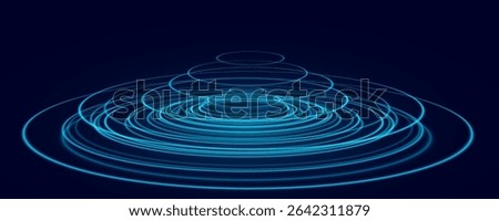 Futuristic vector illustration featuring glowing blue concentric rings on a dark background. Evoking energy waves with digital pulses in motion. Graphic element for modern digital interfaces.