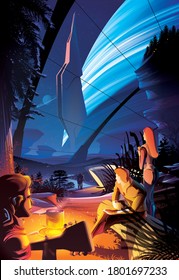 Futuristic vector illustration featuring mankind in the future are enjoying the campfire inside the massive habitat on another planet somewhere in the universe.