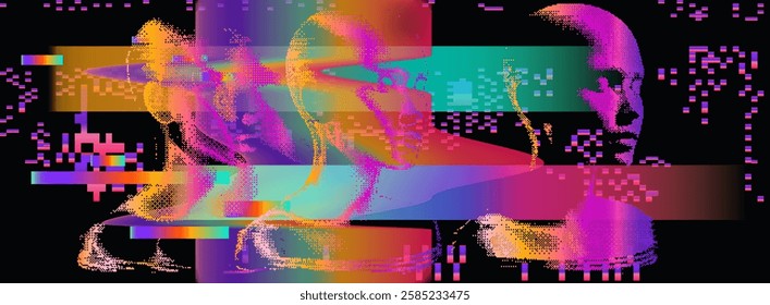 Futuristic vector illustration featuring overlapping human faces with a vibrant glitch effect. Bright neon colors and pixelated distortions create a digital, cyberpunk-inspired aesthetic.