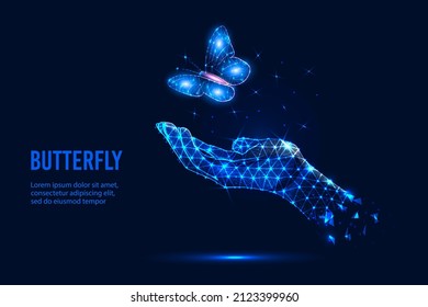 Futuristic vector illustration with a glowing low-poly hand and a flying butterfly