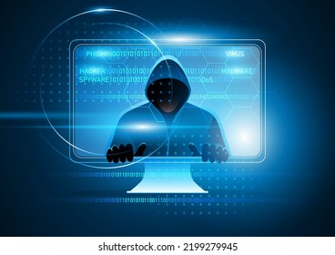 Futuristic vector illustration of hacker comes out of a computer screen, vector illustration