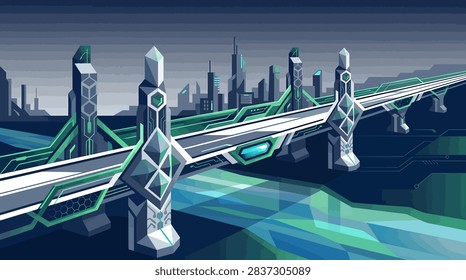 Futuristic vector illustration of a high-tech bridge with glowing green accents and hexagonal patterns spanning a polygonal river toward a dark modern cityscape with skyscrapers.