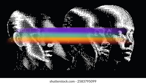 Futuristic vector illustration of a human head in multiple exposures, pixelated in black and white. A vibrant glitchy rainbow stripe obscures the eyes, creating a cyberpunk digital distortion effect.