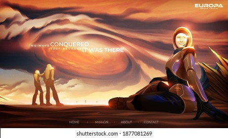 futuristic vector illustration for a landing page of the lady tourist in a spacesuit is sitting casually, enjoying the scenery of the up-close Jupiter, on the Europa moon