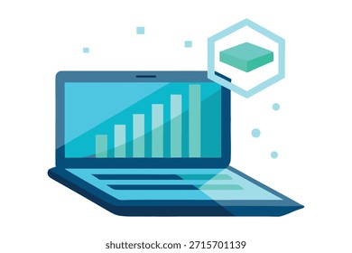Futuristic vector illustration of a laptop projecting a holographic business chart, representing digital analytics, financial growth, data visualization and modern technology innovation concepts.