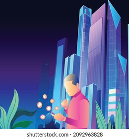 Ilustración vectorial futurista de un hombre tocando una pantalla de un smartphone, el mundo en tu mano, concepto de tecnología digital moderno