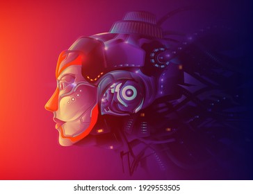 A futuristic vector illustration of a powerful female artificial intelligence technology