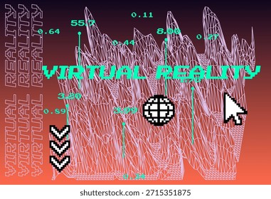 Ilustração vetorial futurista em estilo 3D retrô com wireframes de grade de néon, ícones digitais e texto em negrito. Ilustração vetorial conceitual para temas de realidade virtual, tecnologia e ciberespaço.