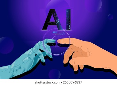 Futuristic vector illustration showcasing artificial intelligence with a robot hand and human hand touching index fingers. Represents AI connection, technology, and the integration of humans and machi