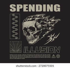Ilustración vectorial futurista de obras de arte del cráneo, retro y moderno, Diseño gráfico de streetwear para la Plantilla de diseño de impresión de camiseta.