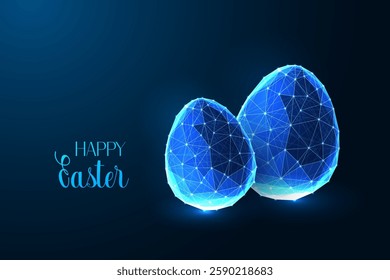 Futuristic vector illustration of two glowing Easter eggs with an abstract wireframe design on a dark blue background. Happy Easter digital greeting card or web banner. Low poly modern festive design