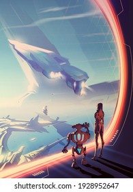 A futuristic vector illustration of a woman and robot looking outside the window that has the massive starship is flying up and the urban scenery on another planet.