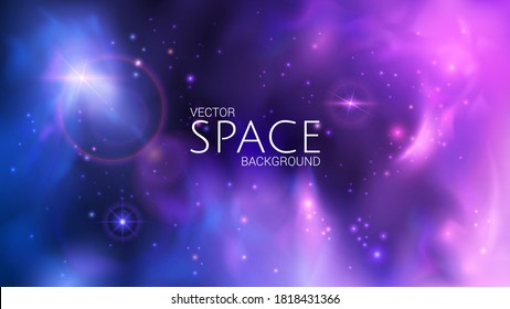 Futuristic vector image of outer space. Blue and purple blurred abstract background with reаlistic nebulae, shining stars and distant planets. Energy and infinity of the universe. Mysterious galaxies.