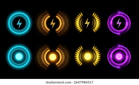 Futuristic vector interface elements with bright ring indicators. Energy, impulses and stylish user interface design in sci-fi colors.