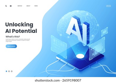 Ilustração isométrica vetorial futurista da tecnologia de IA, apresentando um cérebro brilhante, interface digital e letras 3D "AI". Conceito de inteligência artificial e inovação. Ideal para página da Web.