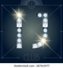 Alfabeto de lámpara vectorial futurista sobre fondo espejo brillante. Cartas I J