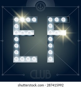 Futuristic vector lamp alphabet on glossy mirror background. Letters E F