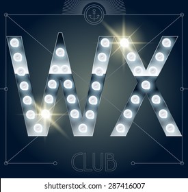 Futuristic vector lamp alphabet on glossy mirror background. Letters W X