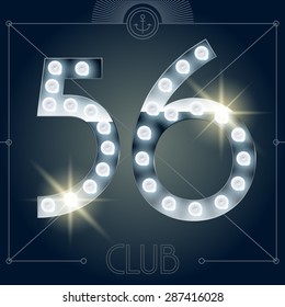 Futuristic vector lamp alphabet on glossy mirror background. Numbers 5 6
