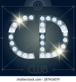 Futuristic vector lamp alphabet on glossy mirror background. Letters C D