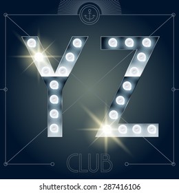 Futuristisches Vektorlampenalphabet auf glänzendem Spiegelhintergrund. Buchstaben Y Z