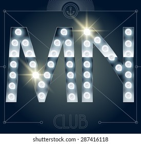 Futuristic vector lamp alphabet on glossy mirror background. Letters M N