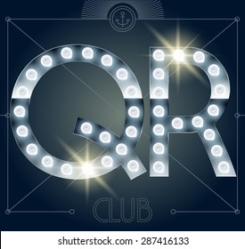 Futuristic vector lamp alphabet on glossy mirror background. Letters Q R