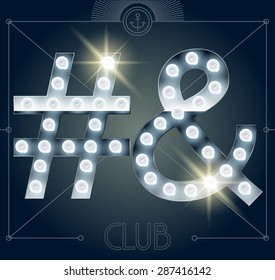 Futuristisches Vektorlampenalphabet auf glänzendem Spiegelhintergrund. Symbole 3
