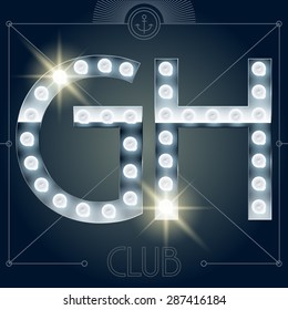 Futuristic vector lamp alphabet on glossy mirror background. Letters G H