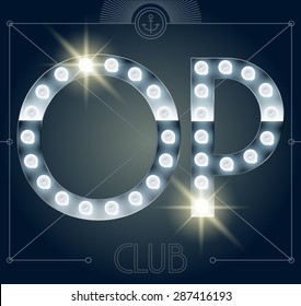 Futuristic vector lamp alphabet on glossy mirror background. Letters O P