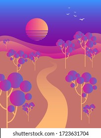 futuristic vector landscape with the setting sun and unusual trees